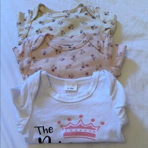 3-Pack Baby Onesies - Floral & Crown Prints (0-3M)
